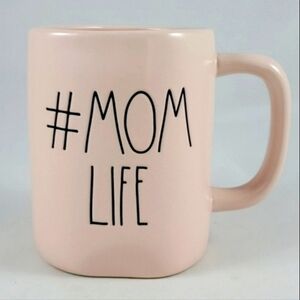 RAE DUNN Artisan  Ceramic Mug Pink Pastel Black Large Letters #MOM LIFE